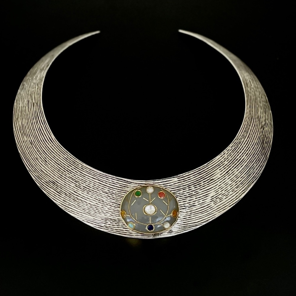 Silver hasli navratna pendent, Rajasthani tribal jewelry, Sterling silver hasli